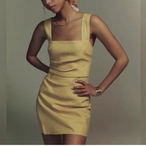 Reformation Kerrigan Linen Side Ruche Mini Dress Tuscan Sun Mustard Yellow Sz 6 - Picture 1 of 15